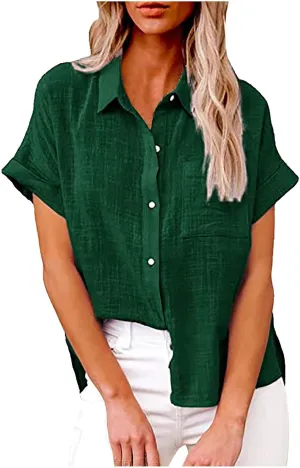 Plus Size Tops for Women Summer Cotton Linen Shirts Button Down Solid Color Tee Shirts Casual Vacation Clothes