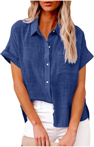 Plus Size Tops for Women Summer Cotton Linen Shirts Button Down Solid Color Tee Shirts Casual Vacation Clothes