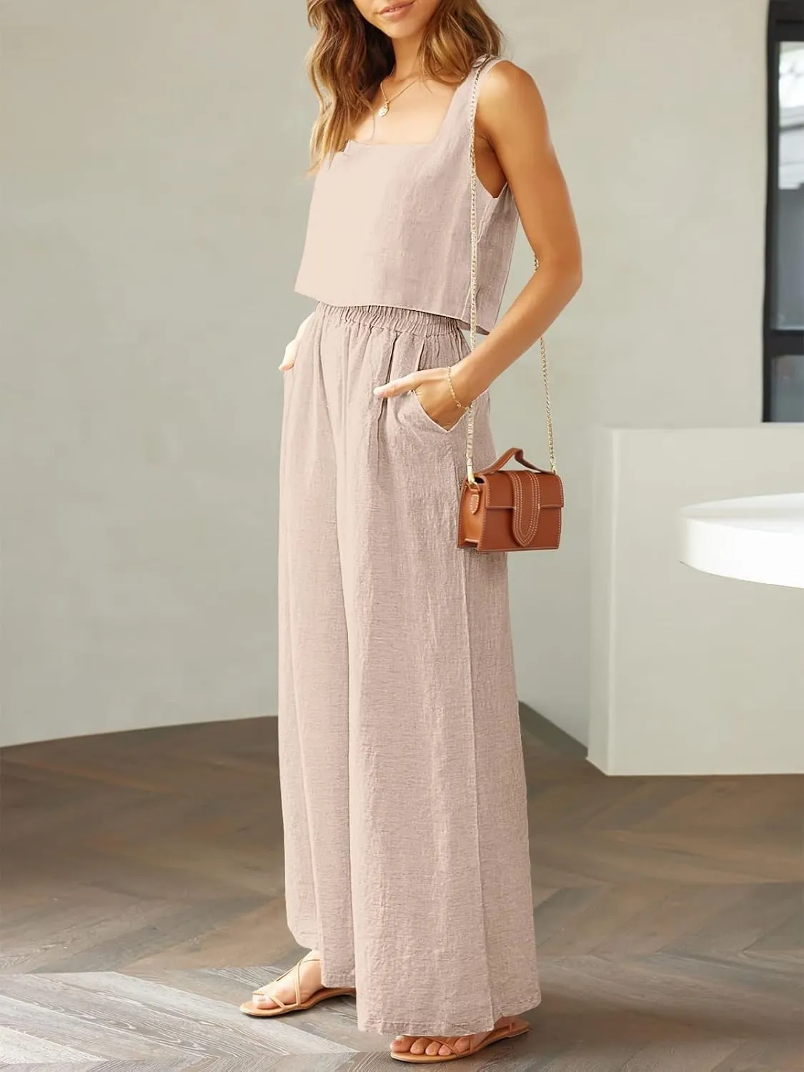 Prinbara Women's 2 Piece Outfits Lounge Sets Sleeveless Square Neck Linen Tank Crop Top Wide Leg Pants Matching Sets