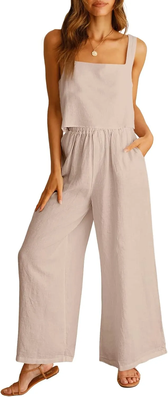 Prinbara Women's 2 Piece Outfits Lounge Sets Sleeveless Square Neck Linen Tank Crop Top Wide Leg Pants Matching Sets