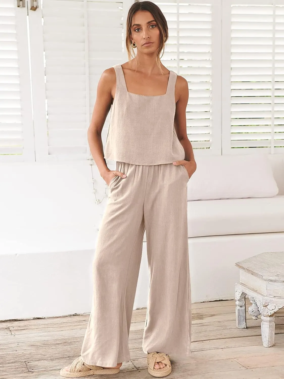 Prinbara Women's 2 Piece Outfits Lounge Sets Sleeveless Square Neck Linen Tank Crop Top Wide Leg Pants Matching Sets