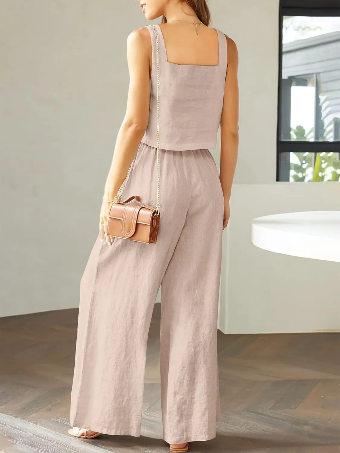 Prinbara Women's 2 Piece Outfits Lounge Sets Sleeveless Square Neck Linen Tank Crop Top Wide Leg Pants Matching Sets