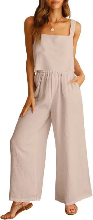 Prinbara Women's 2 Piece Outfits Lounge Sets Sleeveless Square Neck Linen Tank Crop Top Wide Leg Pants Matching Sets