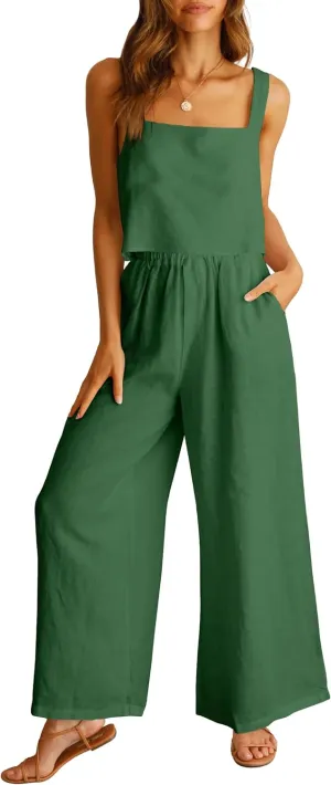 Prinbara Women's 2 Piece Outfits Lounge Sets Sleeveless Square Neck Linen Tank Crop Top Wide Leg Pants Matching Sets