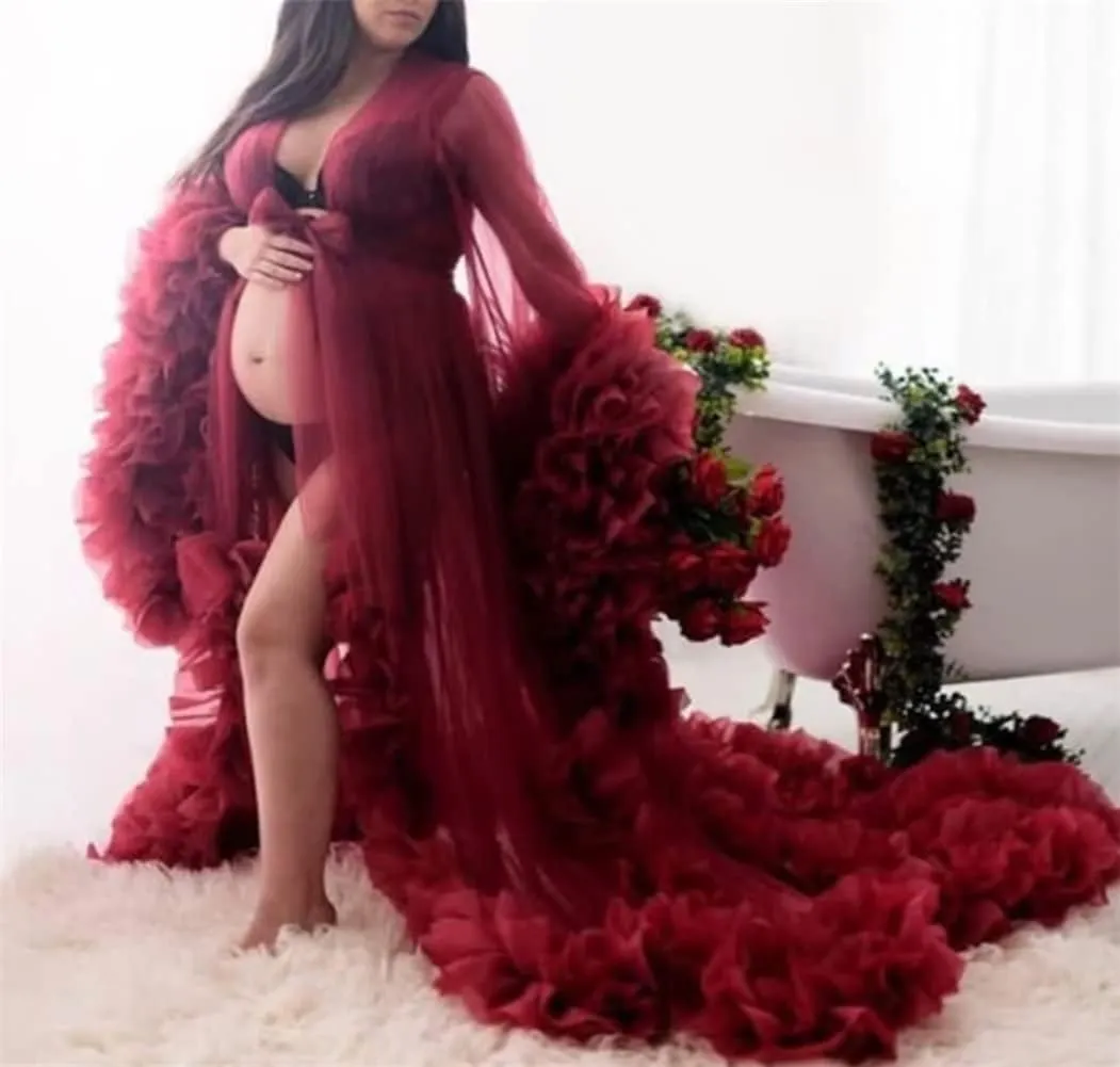 Puffy Tulle Robe Maternity Dress for Photoshoot Sheer Long Lingerie Baby Shower Pregancy Photography Dressing Women
