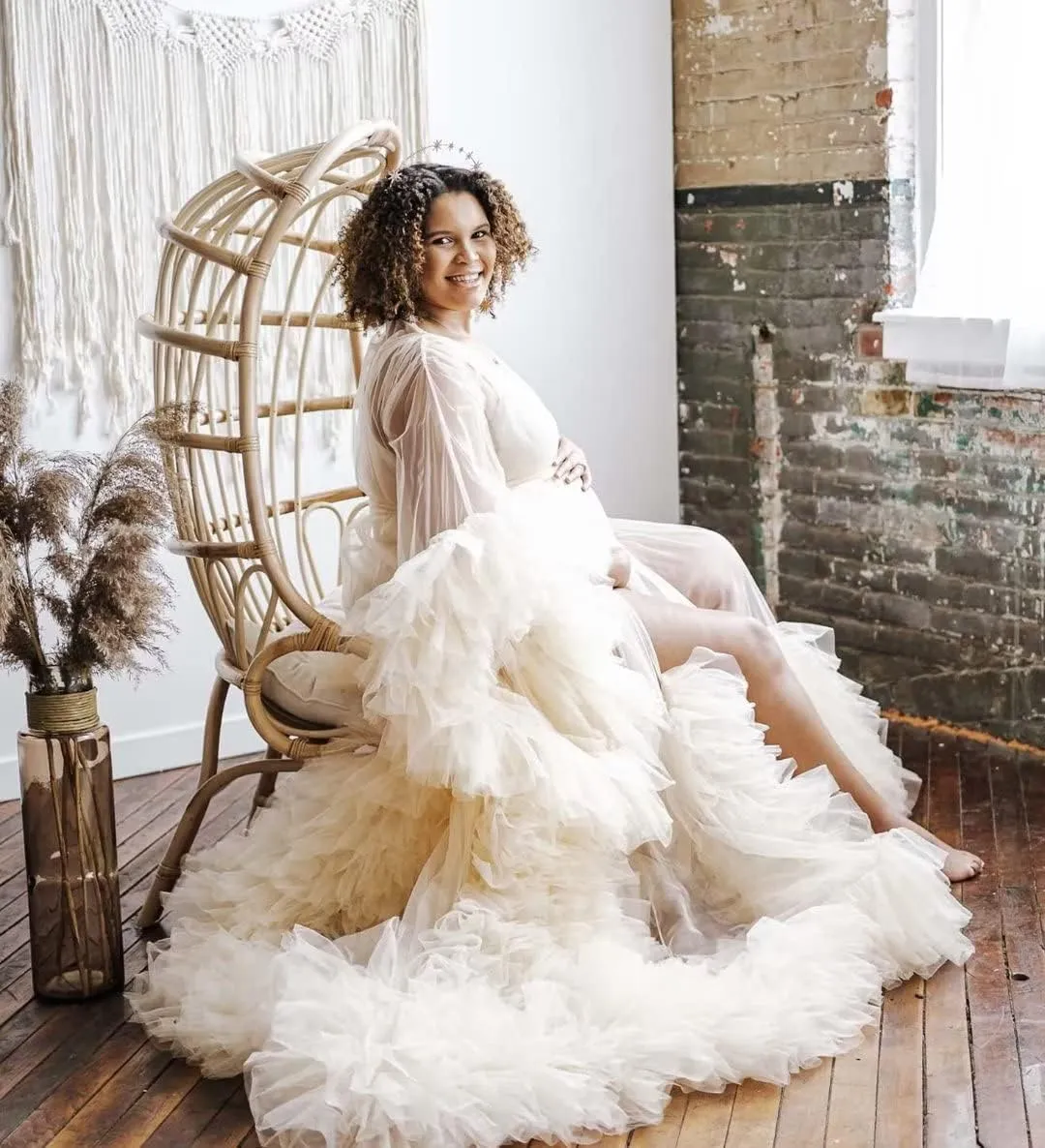 Puffy Tulle Robe Maternity Dress for Photoshoot Sheer Long Lingerie Baby Shower Pregancy Photography Dressing Women