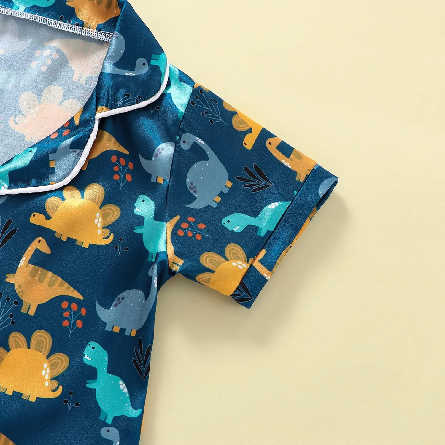Qiylii Toddler Baby Boy Silk Pajamas Cow/Dinosaur Satin Pajamas Set Short Sleeve Button-Up Top Shorts 2PC PJs
