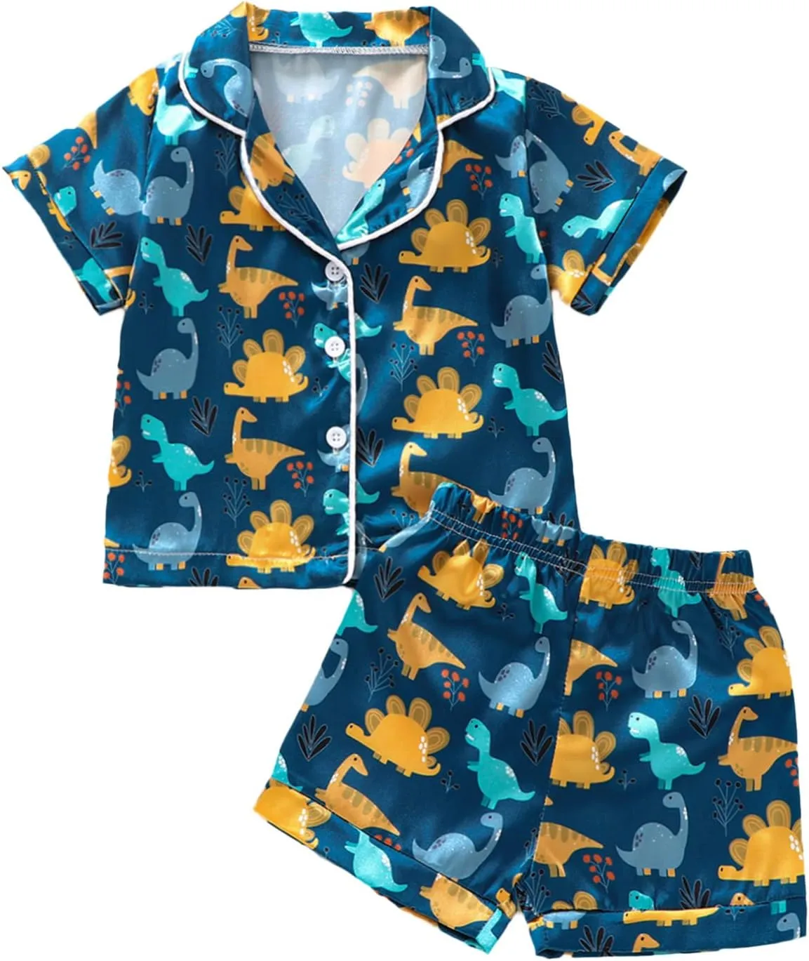 Qiylii Toddler Baby Boy Silk Pajamas Cow/Dinosaur Satin Pajamas Set Short Sleeve Button-Up Top Shorts 2PC PJs
