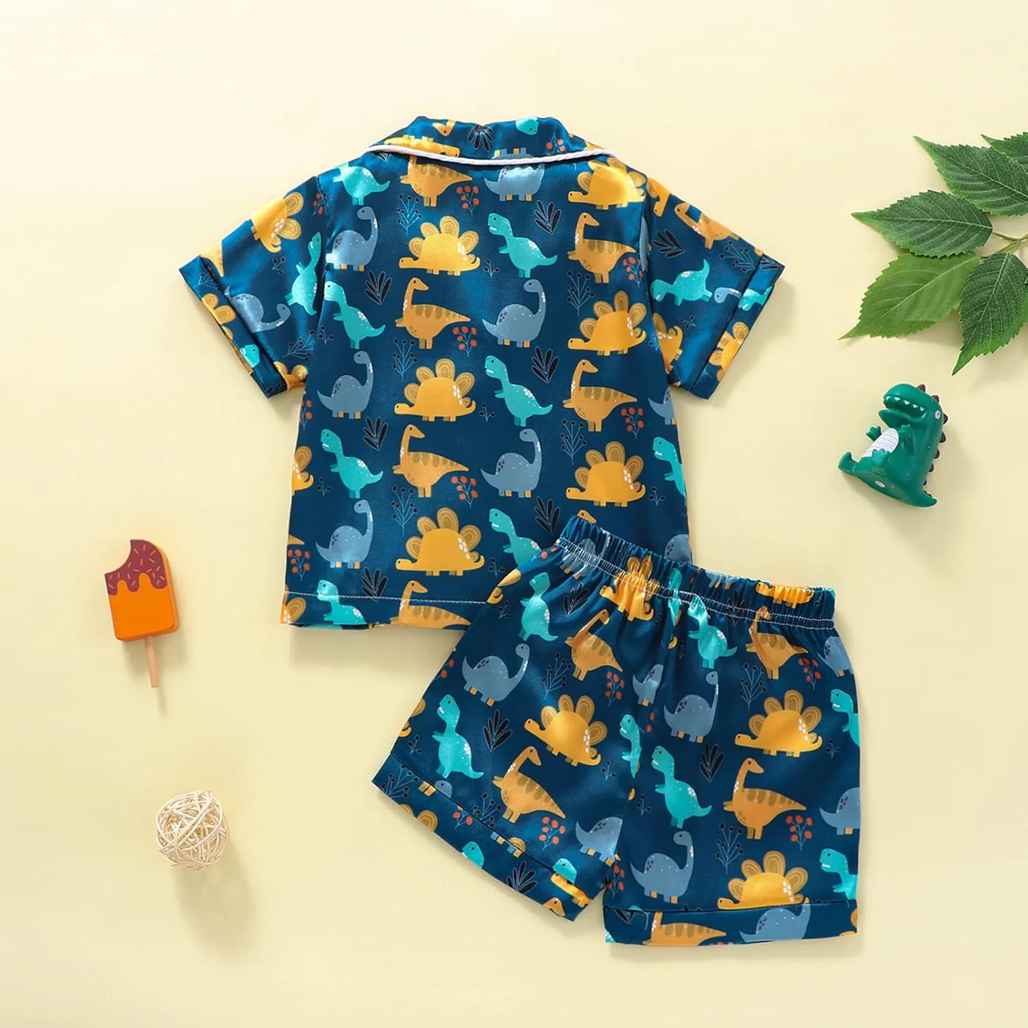 Qiylii Toddler Baby Boy Silk Pajamas Cow/Dinosaur Satin Pajamas Set Short Sleeve Button-Up Top Shorts 2PC PJs