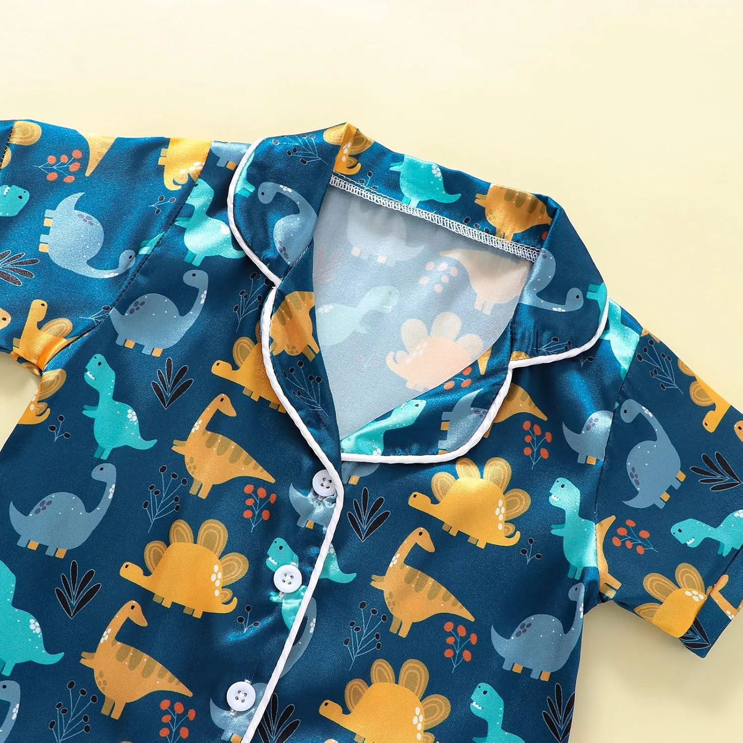 Qiylii Toddler Baby Boy Silk Pajamas Cow/Dinosaur Satin Pajamas Set Short Sleeve Button-Up Top Shorts 2PC PJs