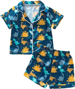 Qiylii Toddler Baby Boy Silk Pajamas Cow/Dinosaur Satin Pajamas Set Short Sleeve Button-Up Top Shorts 2PC PJs