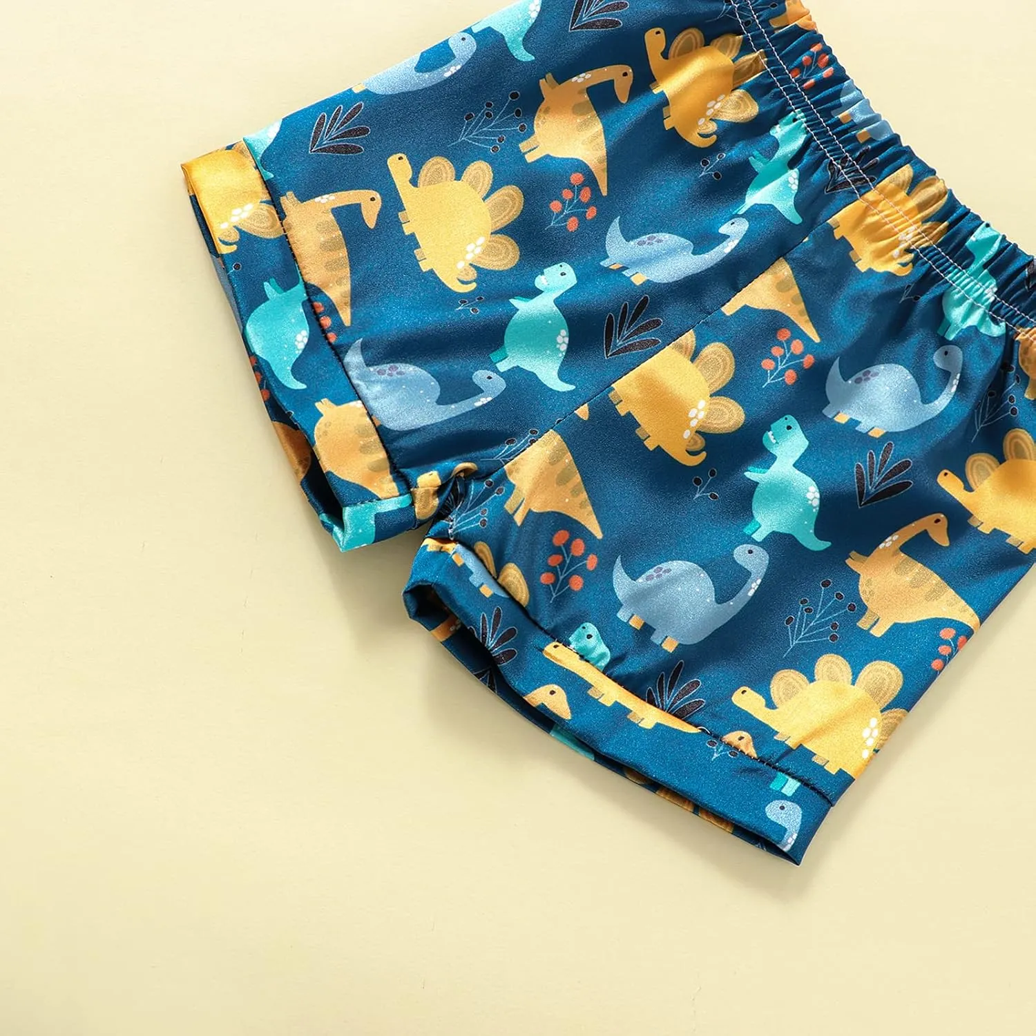 Qiylii Toddler Baby Boy Silk Pajamas Cow/Dinosaur Satin Pajamas Set Short Sleeve Button-Up Top Shorts 2PC PJs