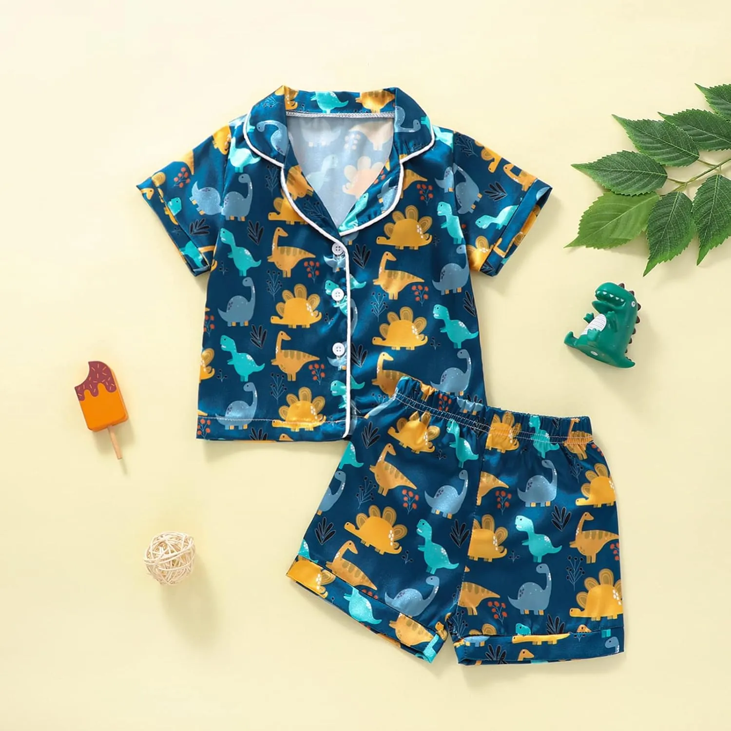 Qiylii Toddler Baby Boy Silk Pajamas Cow/Dinosaur Satin Pajamas Set Short Sleeve Button-Up Top Shorts 2PC PJs