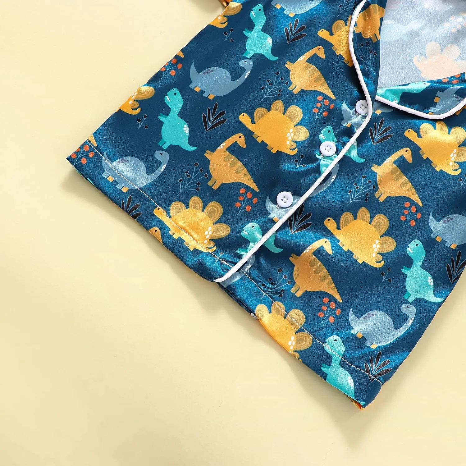 Qiylii Toddler Baby Boy Silk Pajamas Cow/Dinosaur Satin Pajamas Set Short Sleeve Button-Up Top Shorts 2PC PJs