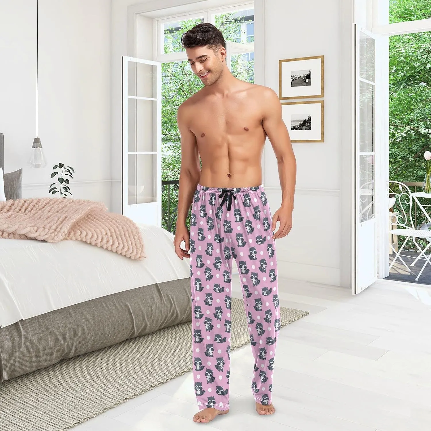 Raccoons Pink Polka Dot Pattern Men's Pajama Pants Sleepwear Lounge Pajama Bottoms