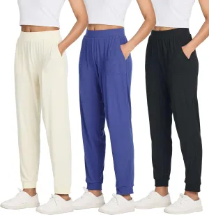 Real Essentials 3 Pack: Women's Ribbed Lounge Jogger Cuffed Yoga SweatpantsPockets (Available in Plus)