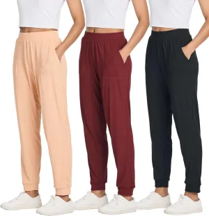 Real Essentials 3 Pack: Women's Ribbed Lounge Jogger Cuffed Yoga SweatpantsPockets (Available in Plus)