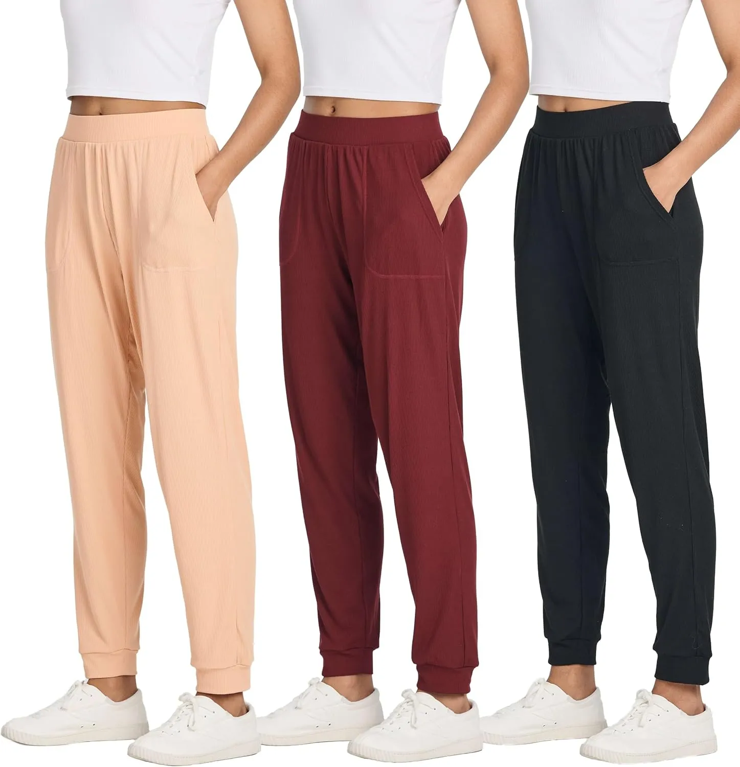 Real Essentials 3 Pack: Women's Ribbed Lounge Jogger Cuffed Yoga SweatpantsPockets (Available in Plus)