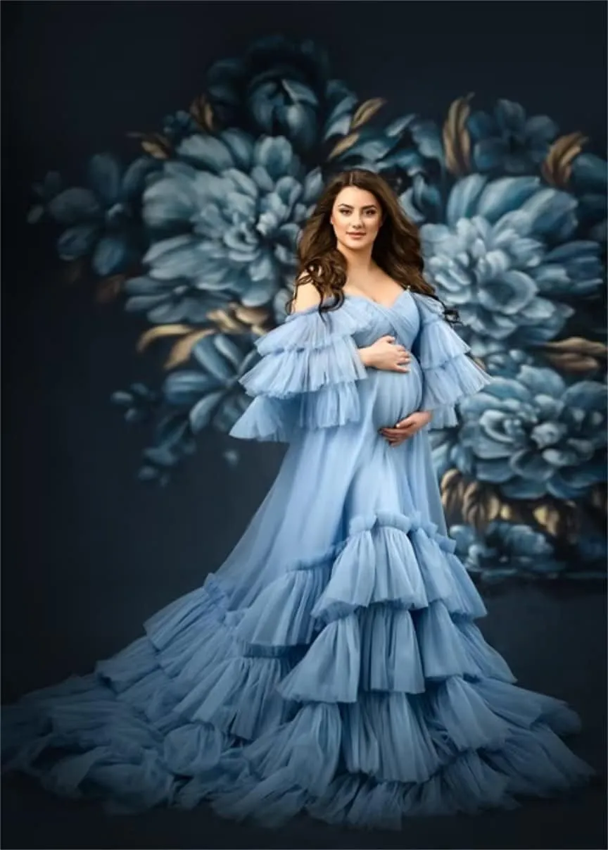 Ruffles Puffy Tulle Maternity Dresses for Photoshoot Off Shoulder Bridal Lingerie Baby Shower Pregnancy Robe