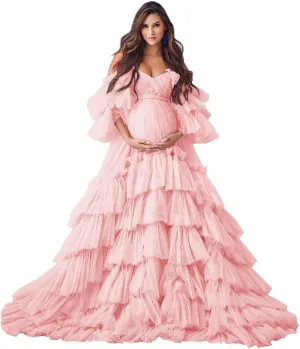 Ruffles Puffy Tulle Maternity Dresses for Photoshoot Off Shoulder Bridal Lingerie Baby Shower Pregnancy Robe