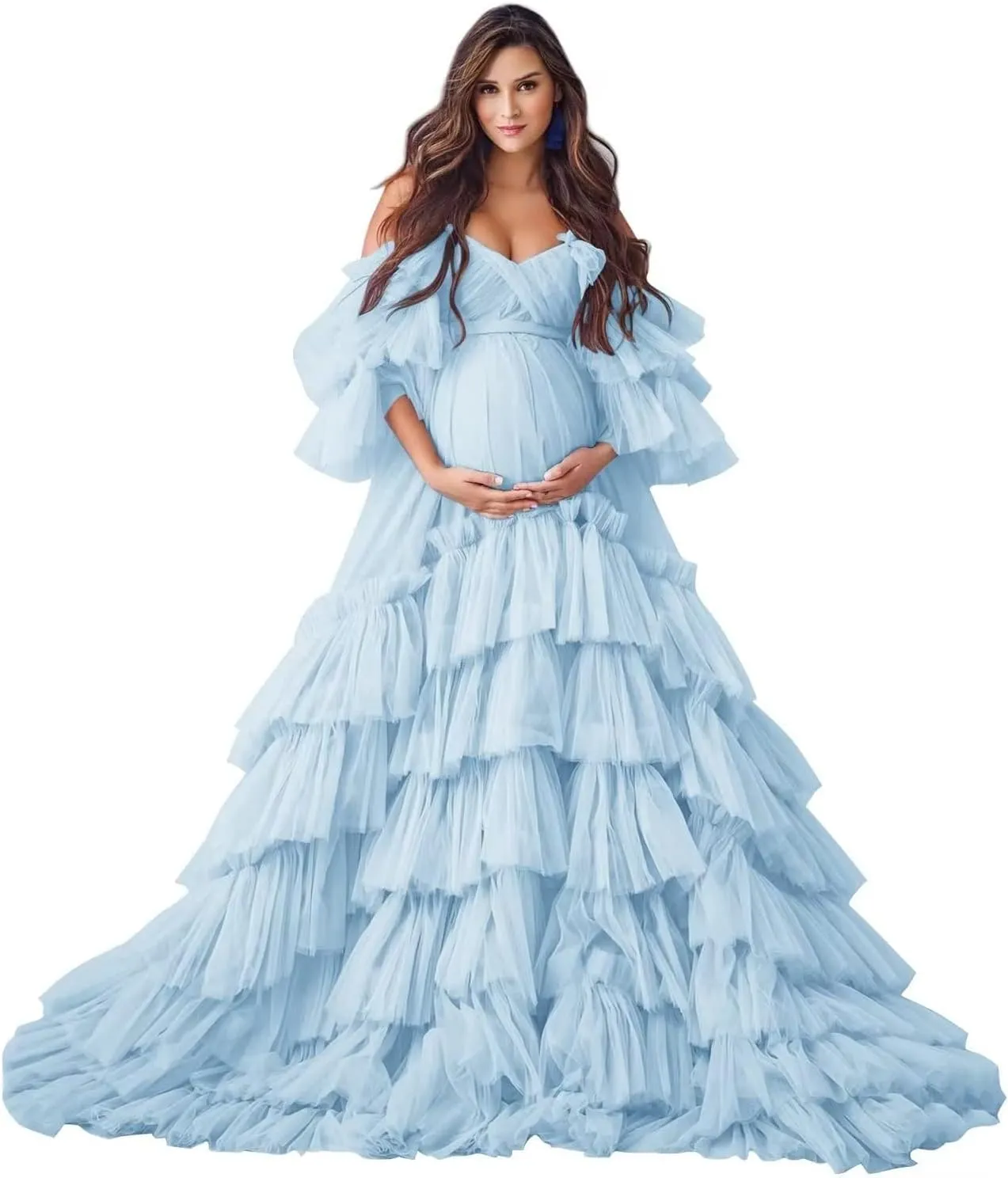 Ruffles Puffy Tulle Maternity Dresses for Photoshoot Off Shoulder Bridal Lingerie Baby Shower Pregnancy Robe