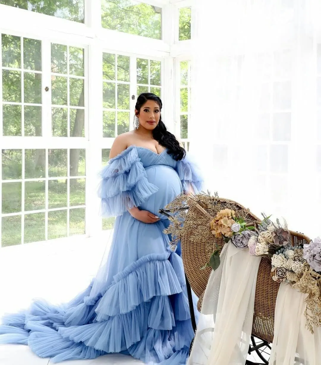 Ruffles Puffy Tulle Maternity Dresses for Photoshoot Off Shoulder Bridal Lingerie Baby Shower Pregnancy Robe