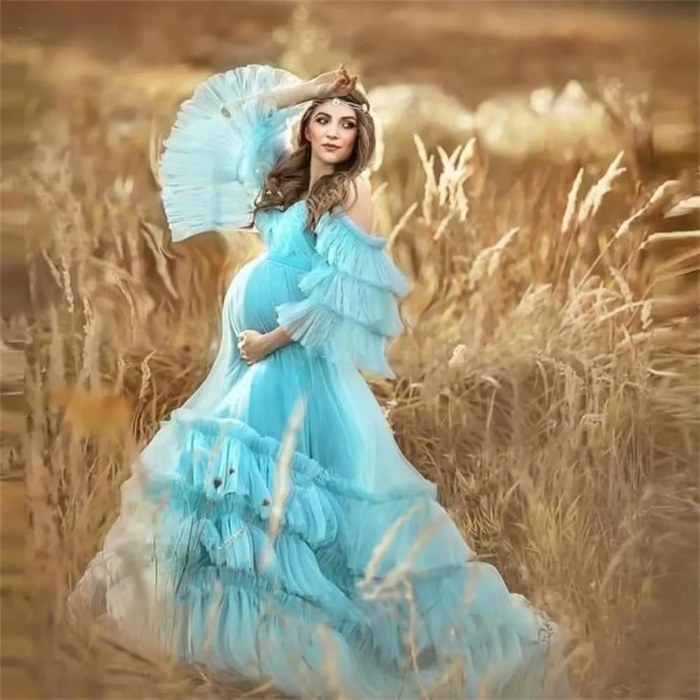 Ruffles Puffy Tulle Maternity Dresses for Photoshoot Off Shoulder Bridal Lingerie Baby Shower Pregnancy Robe