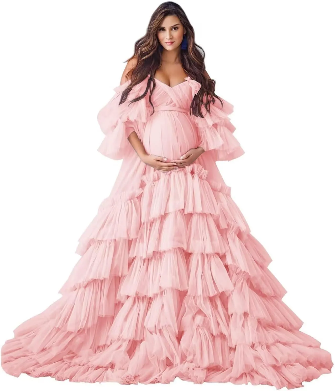 Ruffles Puffy Tulle Maternity Dresses for Photoshoot Off Shoulder Bridal Lingerie Baby Shower Pregnancy Robe