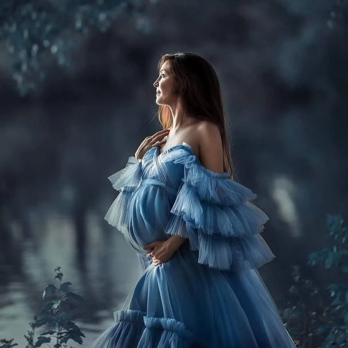 Ruffles Puffy Tulle Maternity Dresses for Photoshoot Off Shoulder Bridal Lingerie Baby Shower Pregnancy Robe