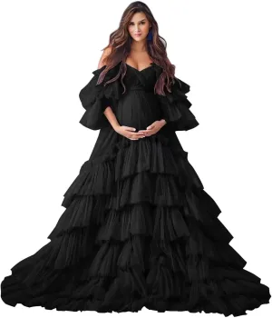 Ruffles Puffy Tulle Maternity Dresses for Photoshoot Off Shoulder Bridal Lingerie Baby Shower Pregnancy Robe