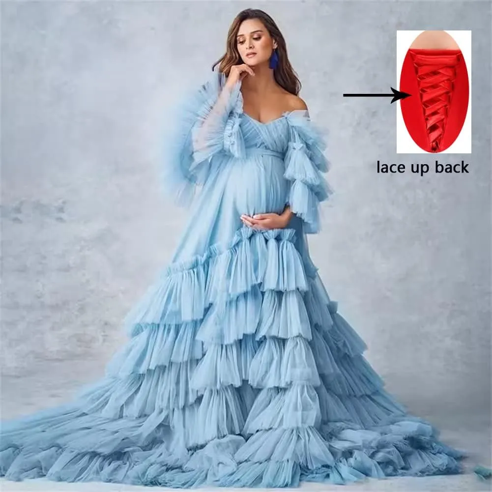 Ruffles Puffy Tulle Maternity Dresses for Photoshoot Off Shoulder Bridal Lingerie Baby Shower Pregnancy Robe