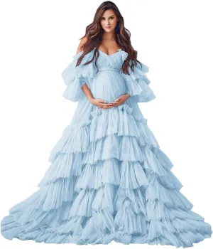 Ruffles Puffy Tulle Maternity Dresses for Photoshoot Off Shoulder Bridal Lingerie Baby Shower Pregnancy Robe