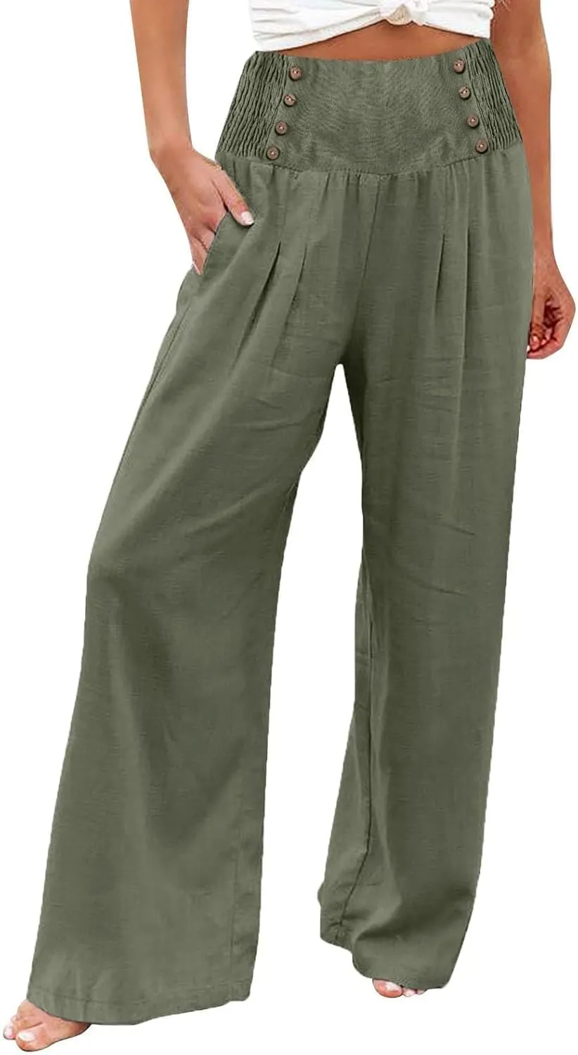 Rvidbe Linen Pants Women Tall 2024 Comfy Flowy Wide Leg Pants Trousers Summer High Waisted Beach Palazzo Pants with Pockets