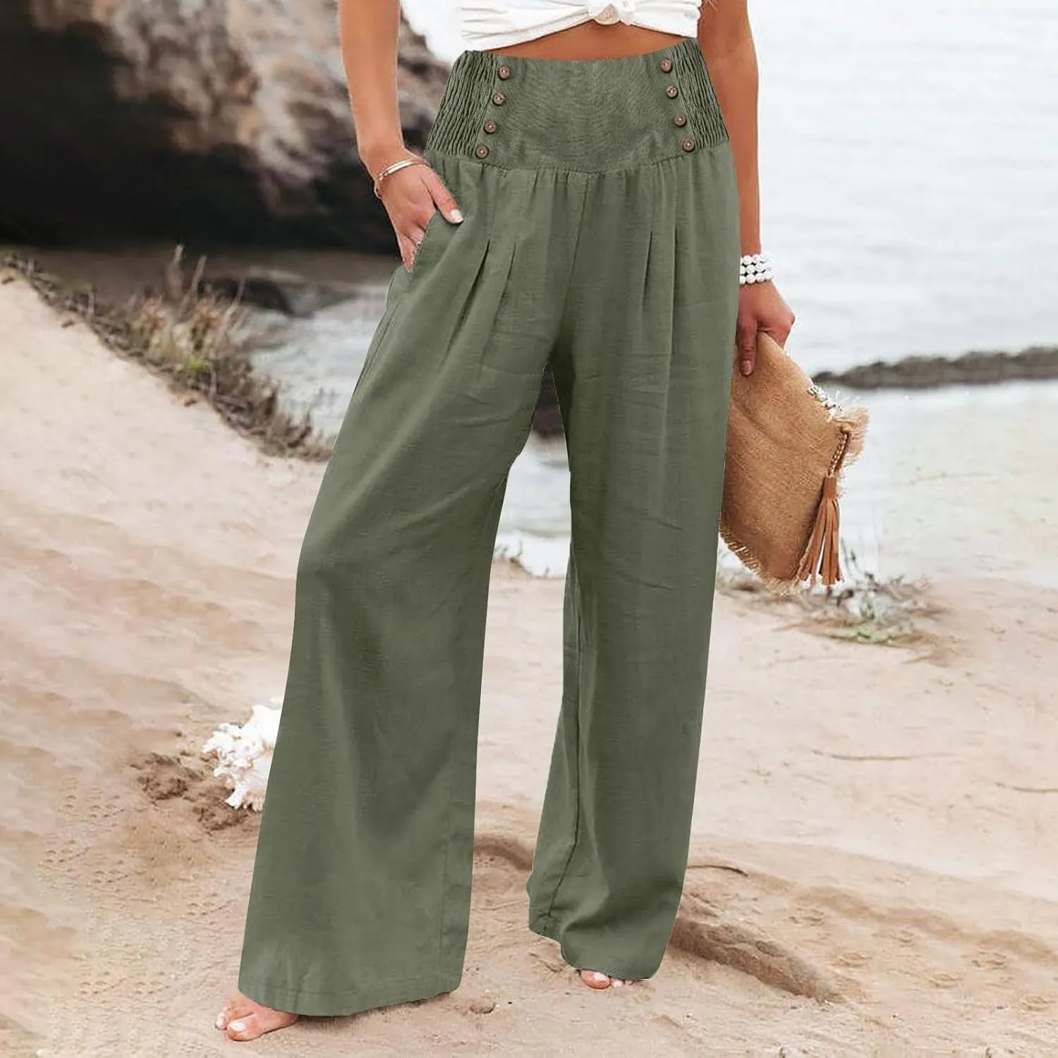 Rvidbe Linen Pants Women Tall 2024 Comfy Flowy Wide Leg Pants Trousers Summer High Waisted Beach Palazzo Pants with Pockets