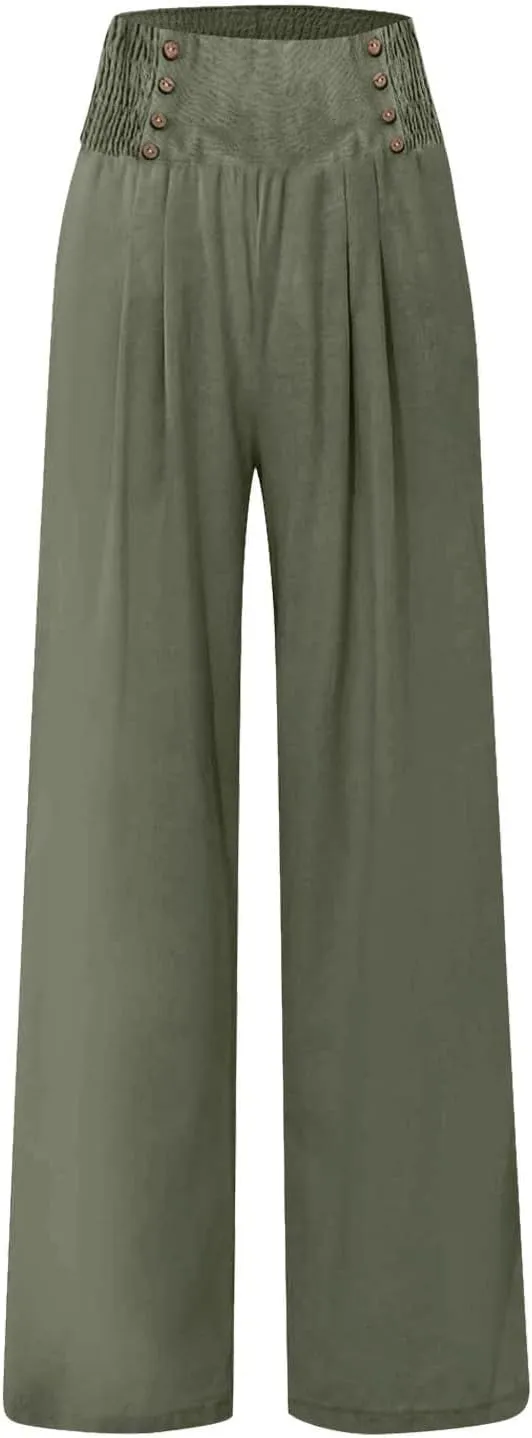 Rvidbe Linen Pants Women Tall 2024 Comfy Flowy Wide Leg Pants Trousers Summer High Waisted Beach Palazzo Pants with Pockets