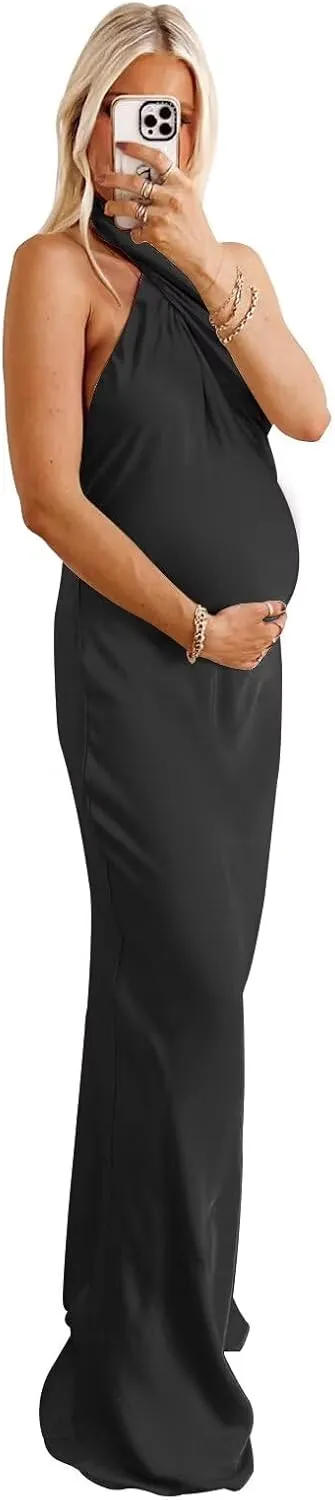 Satin Halter Maternity Dresses for Photoshoot Baby Shower Dress Formal Maternity Gowns for Photography