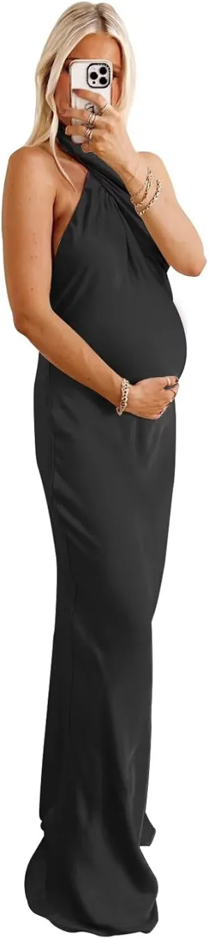Satin Halter Maternity Dresses for Photoshoot Baby Shower Dress Formal Maternity Gowns for Photography