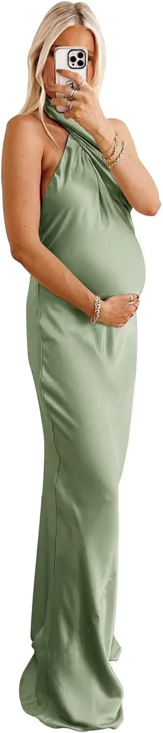 Satin Halter Maternity Dresses for Photoshoot Baby Shower Dress Formal Maternity Gowns for Photography