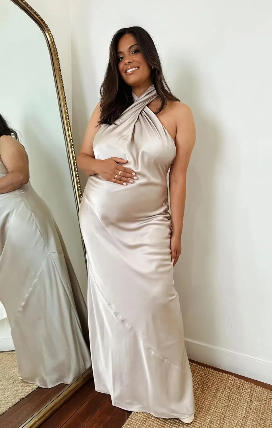 Satin Halter Maternity Dresses for Photoshoot Baby Shower Dress Formal Maternity Gowns for Photography