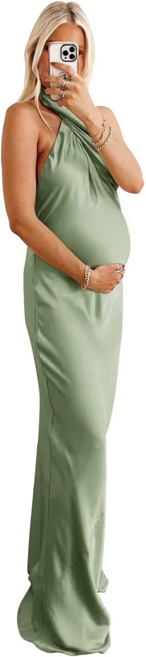 Satin Halter Maternity Dresses for Photoshoot Baby Shower Dress Formal Maternity Gowns for Photography