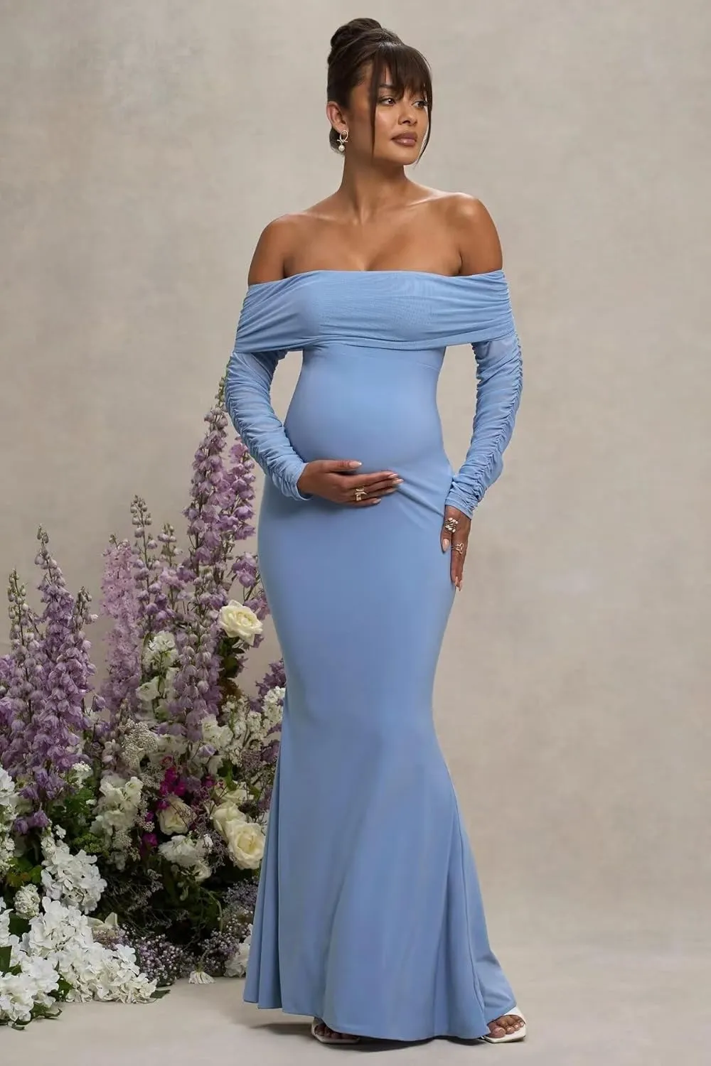 Satin Long Sleeve Maternity Dresses for Photoshoot Bodycon Off Shoulder Long Baby Shower Dress