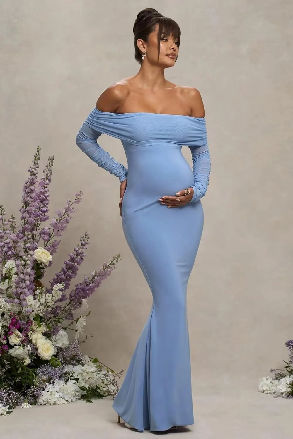 Satin Long Sleeve Maternity Dresses for Photoshoot Bodycon Off Shoulder Long Baby Shower Dress