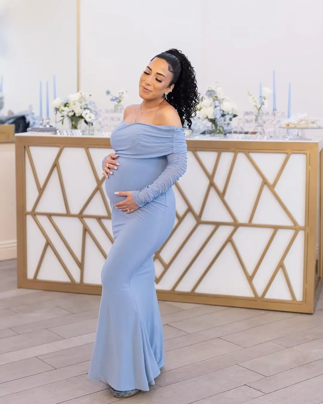Satin Long Sleeve Maternity Dresses for Photoshoot Bodycon Off Shoulder Long Baby Shower Dress