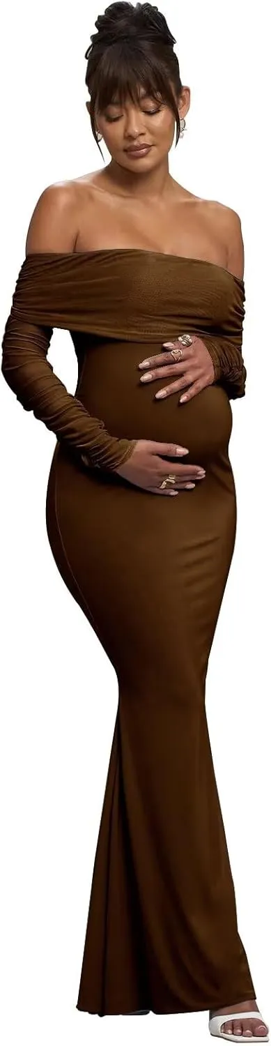 Satin Long Sleeve Maternity Dresses for Photoshoot Bodycon Off Shoulder Long Baby Shower Dress