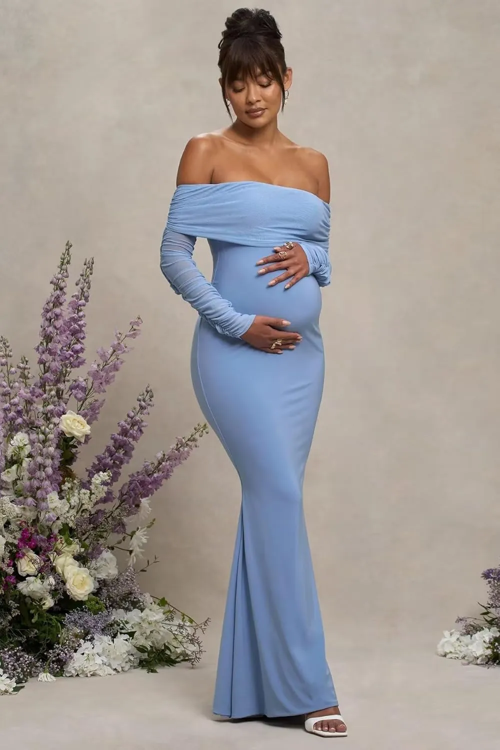 Satin Long Sleeve Maternity Dresses for Photoshoot Bodycon Off Shoulder Long Baby Shower Dress