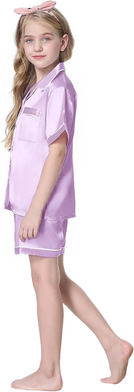 Schbbbta Girls 3 Pieces Pajamas Sets Silk Satin Sleepwear Button Down Short Sleeve Pjs Outfits