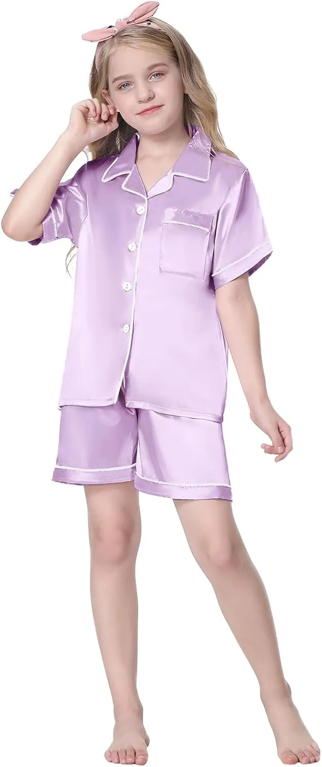 Schbbbta Girls 3 Pieces Pajamas Sets Silk Satin Sleepwear Button Down Short Sleeve Pjs Outfits