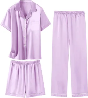 Schbbbta Girls 3 Pieces Pajamas Sets Silk Satin Sleepwear Button Down Short Sleeve Pjs Outfits