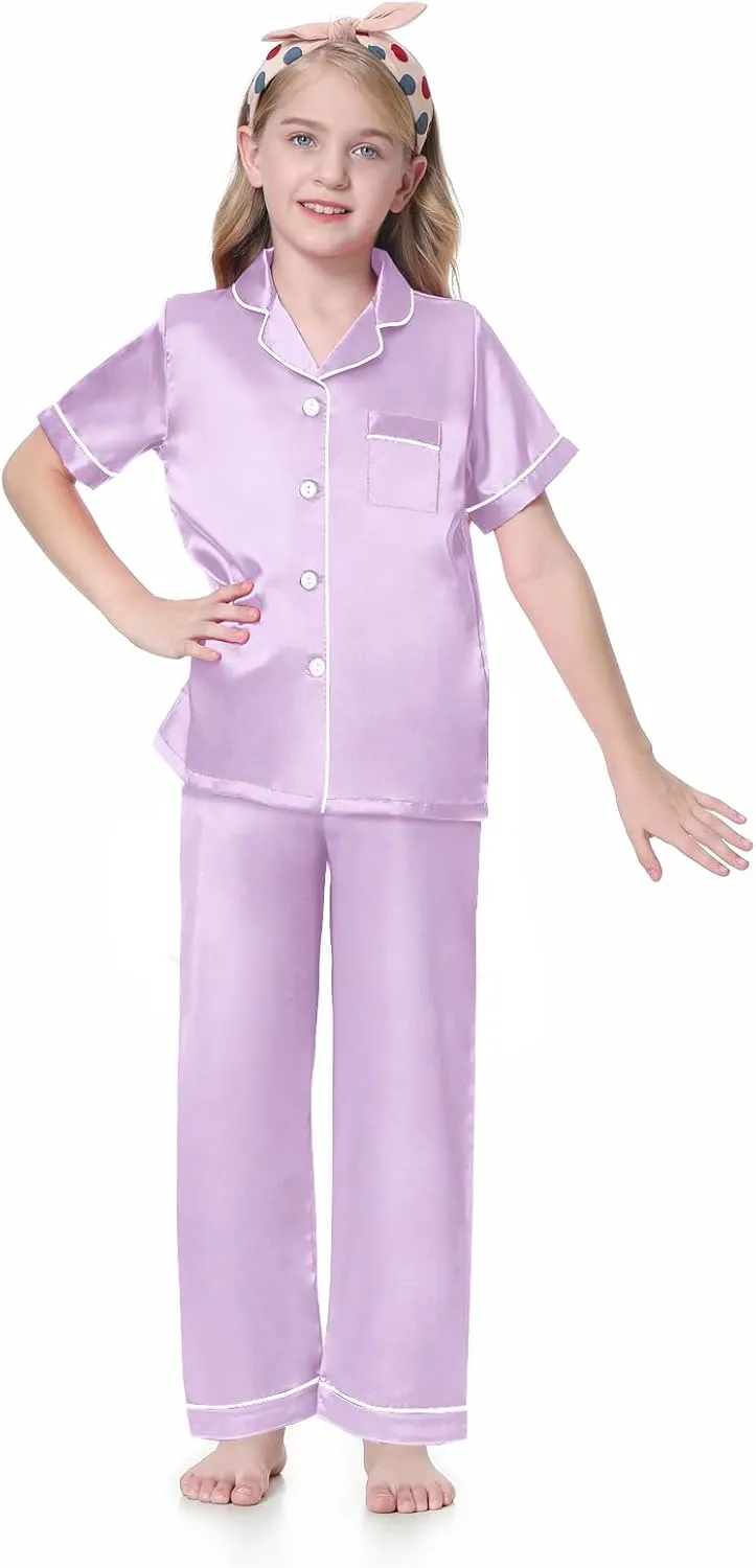 Schbbbta Girls 3 Pieces Pajamas Sets Silk Satin Sleepwear Button Down Short Sleeve Pjs Outfits