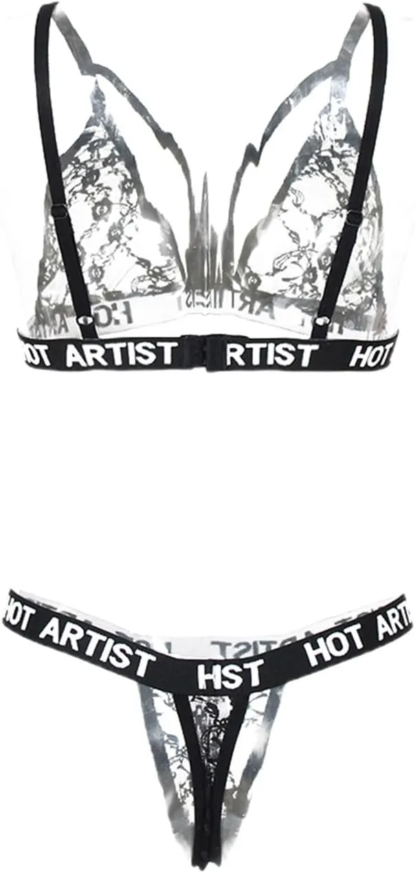 Sexy Lingerie for Women Letters Printed Bralette and Panty Set 2 Piece Lingerie Sets Submissive Lingerie for